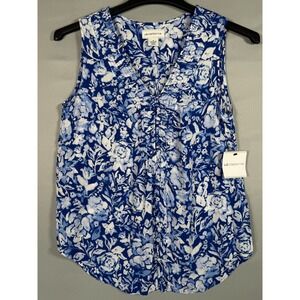 NWT $37 Liz‎ Claiborne Smock tank Woven Blue Floral Women Small Sleeveless Shirt